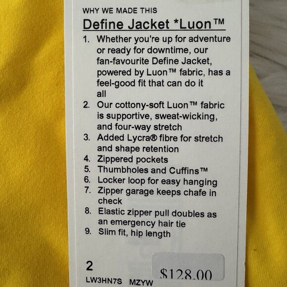 Lululemon Define Jacket Luon Maize Yellow Women’s Size 2 Full Zip Yoga Gym NWT - Picture 4 of 10